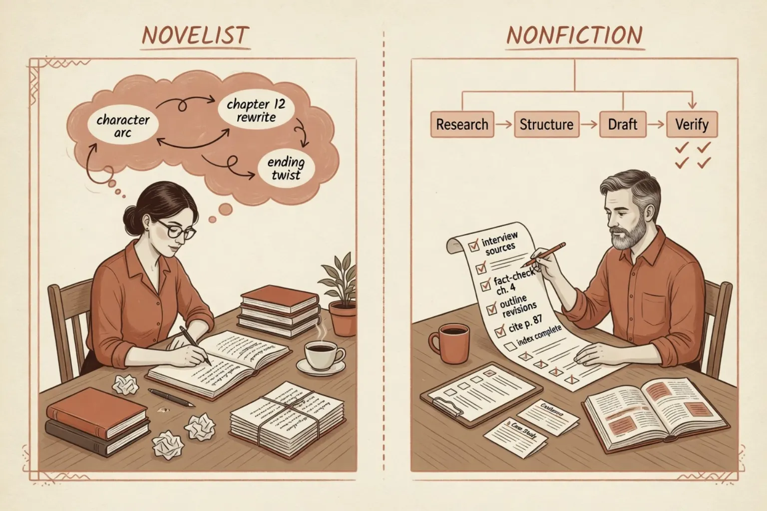 Four publishing workspaces for a first book, a series, client editing, and a small catalog