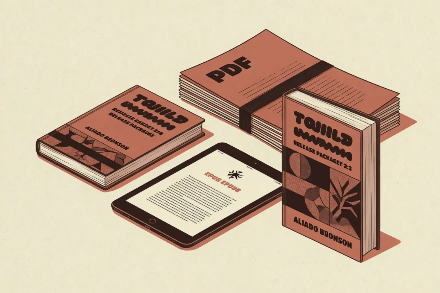 Illustration of one manuscript becoming an ebook, a typeset print interior, and a full-wrap cover guide